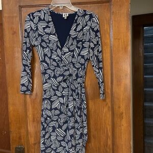Anne Klein Navy and White Leaf-Print Wrap Dress